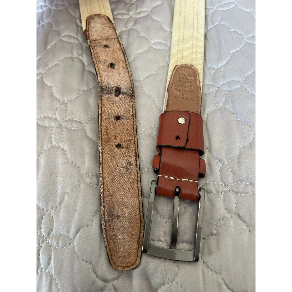 Nike Golf men’s two-tone brown leather and beige canvas belt size 36